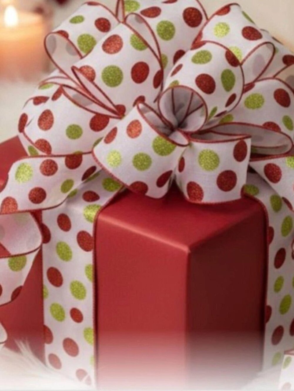 2.5 inch Green and Red Glittered Polka Dots Wired Christmas Ribbon Crafts